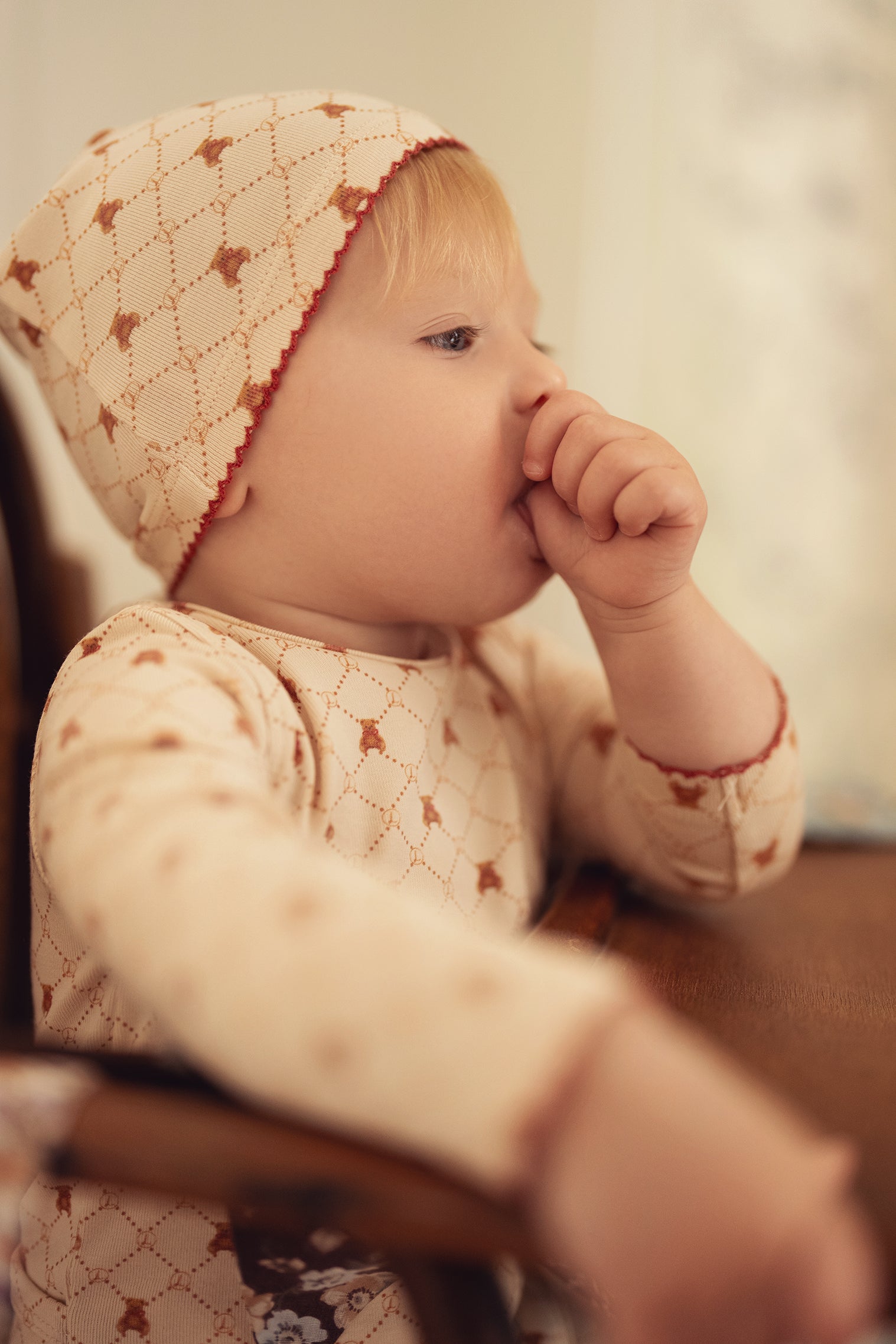 Taupe Girls Red Bow Bear Grid Footie