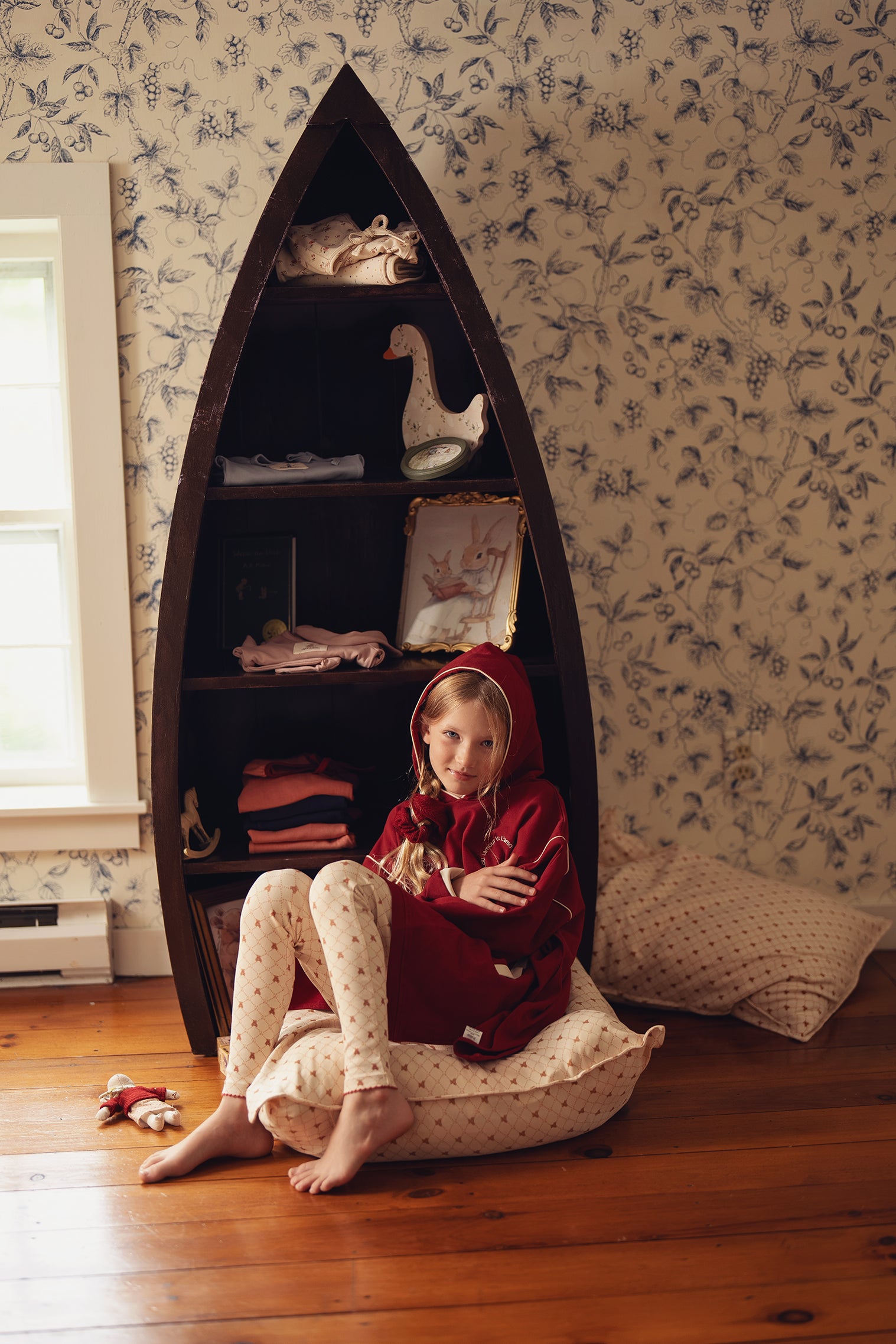 Taupe Girls Red Bow Bear Grid Pajama