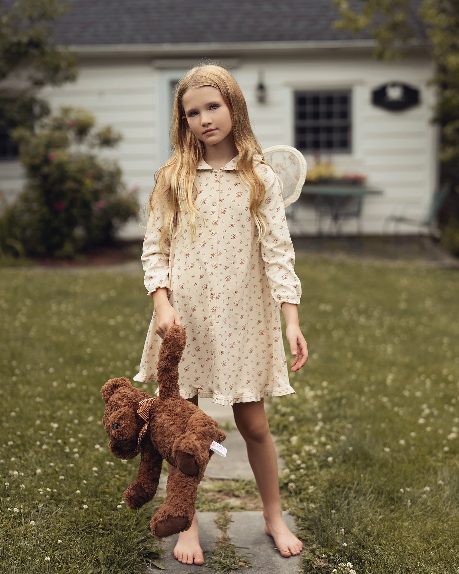Taupe Vintage Floral Ruffle Collar Nightgown