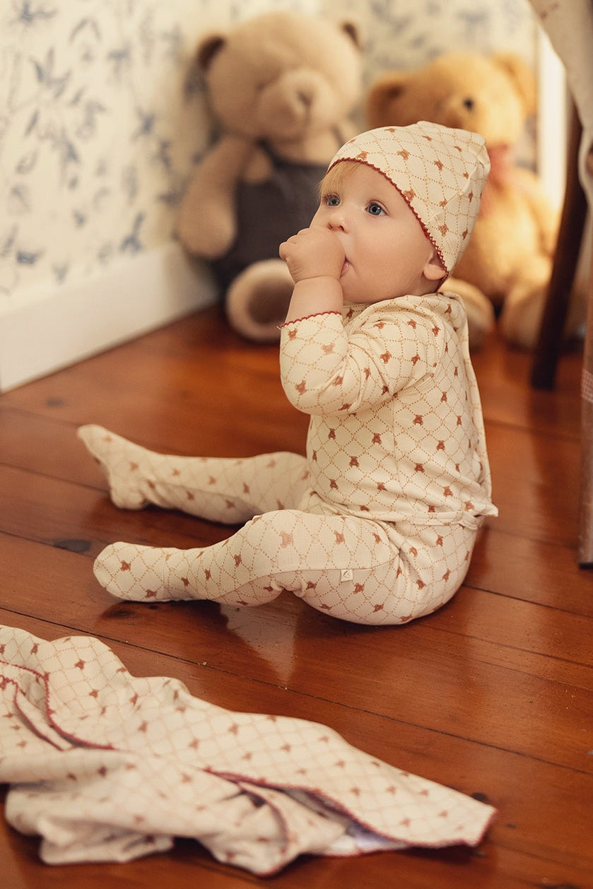 Taupe Girls Red Bow Bear Grid Blanket