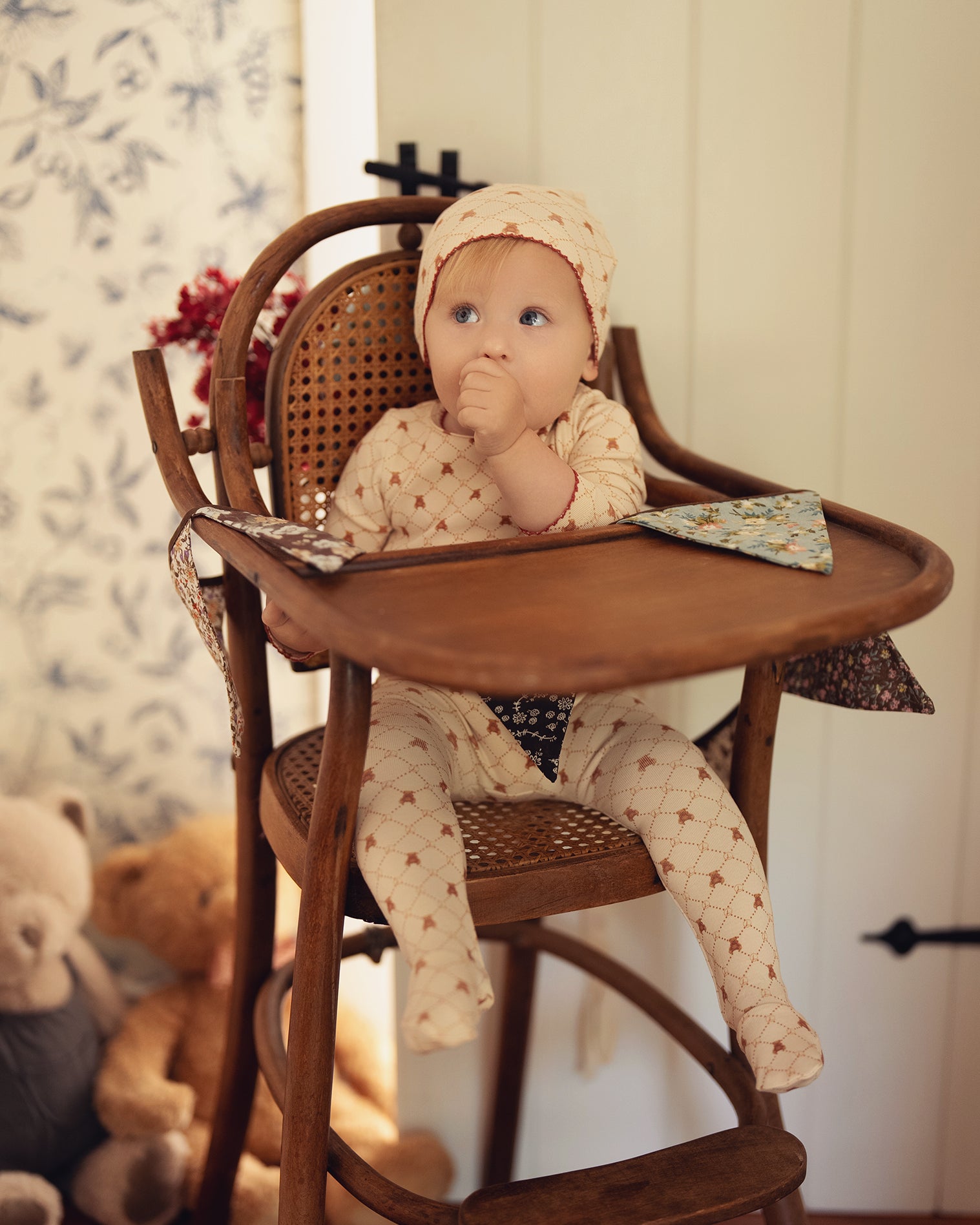 Taupe Girls Red Bow Bear Grid Footie
