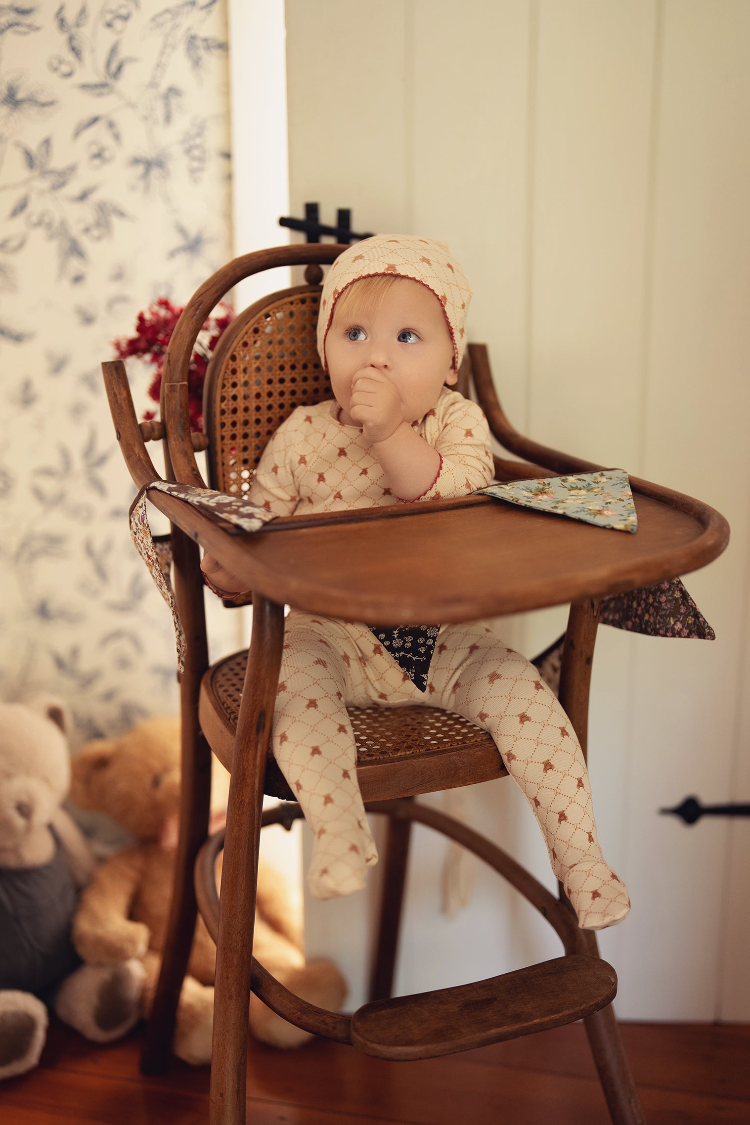 Taupe Girls Red Bow Bear Grid Footie