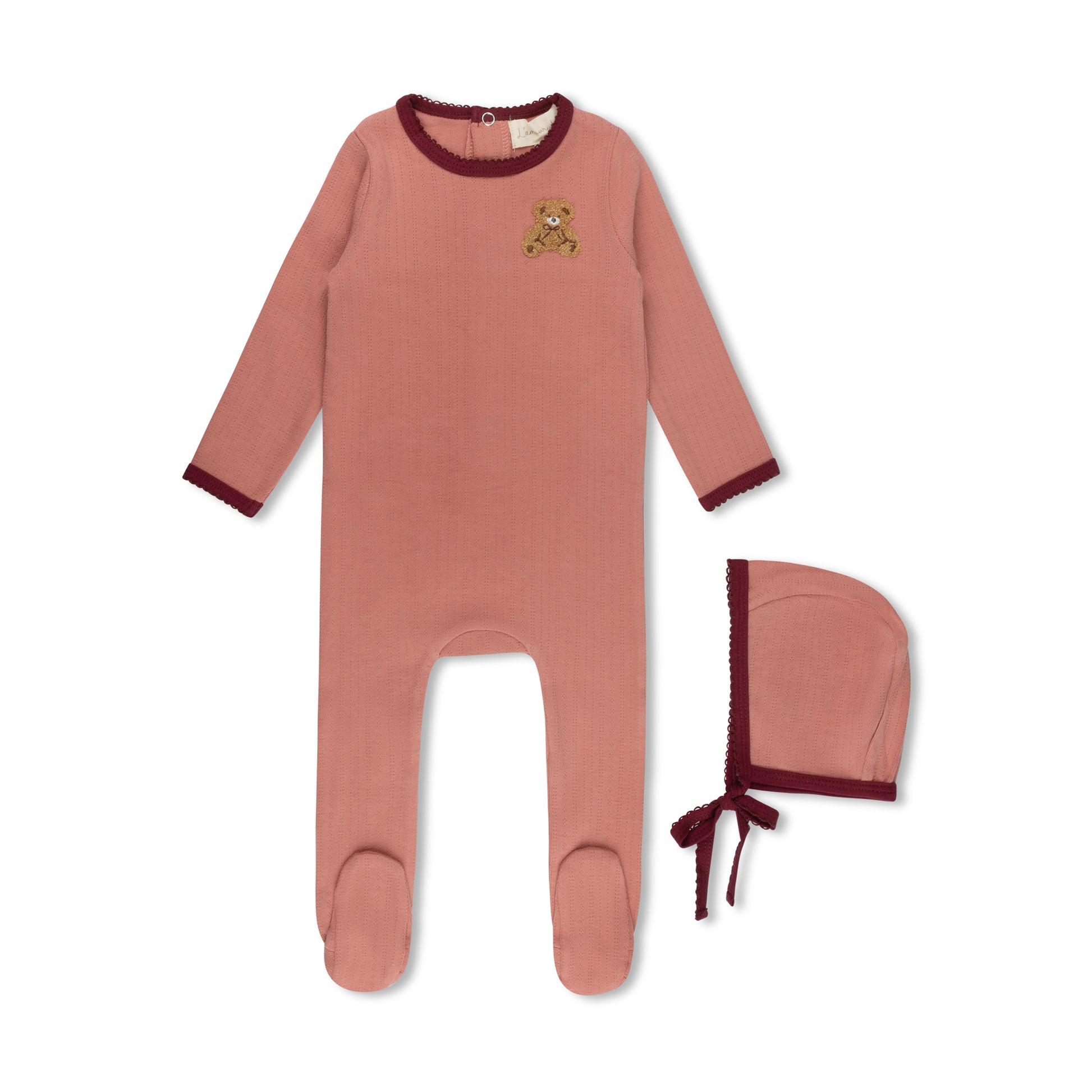 Dusty Pink Pointelle Bear Patch Footie