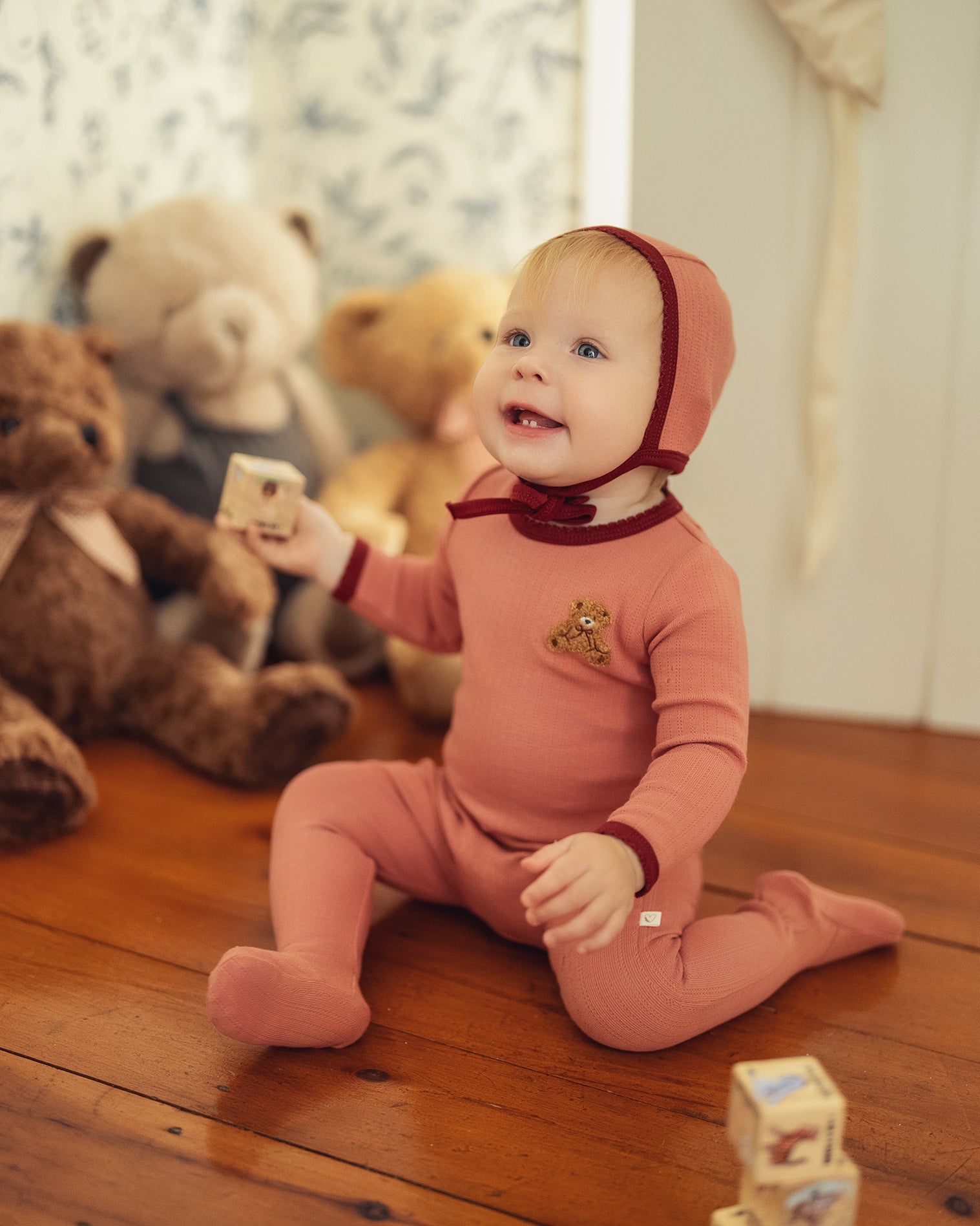 Dusty Pink Pointelle Bear Patch Footie