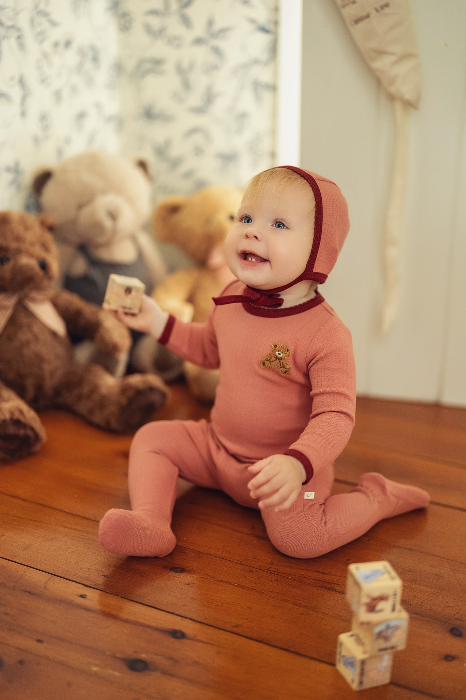 Dusty Pink Pointelle Bear Patch Footie