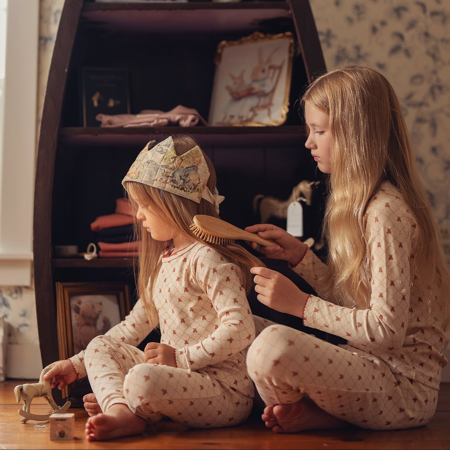 Taupe Girls Red Bow Bear Grid Pajama