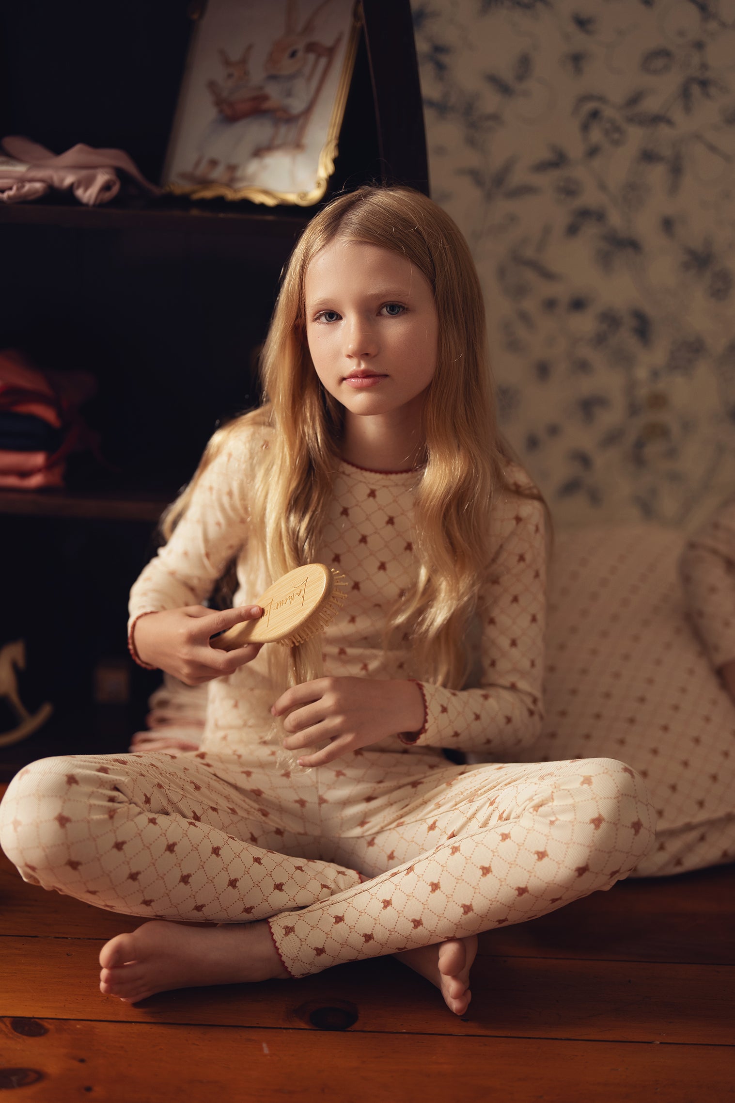 Taupe Girls Red Bow Bear Grid Pajama