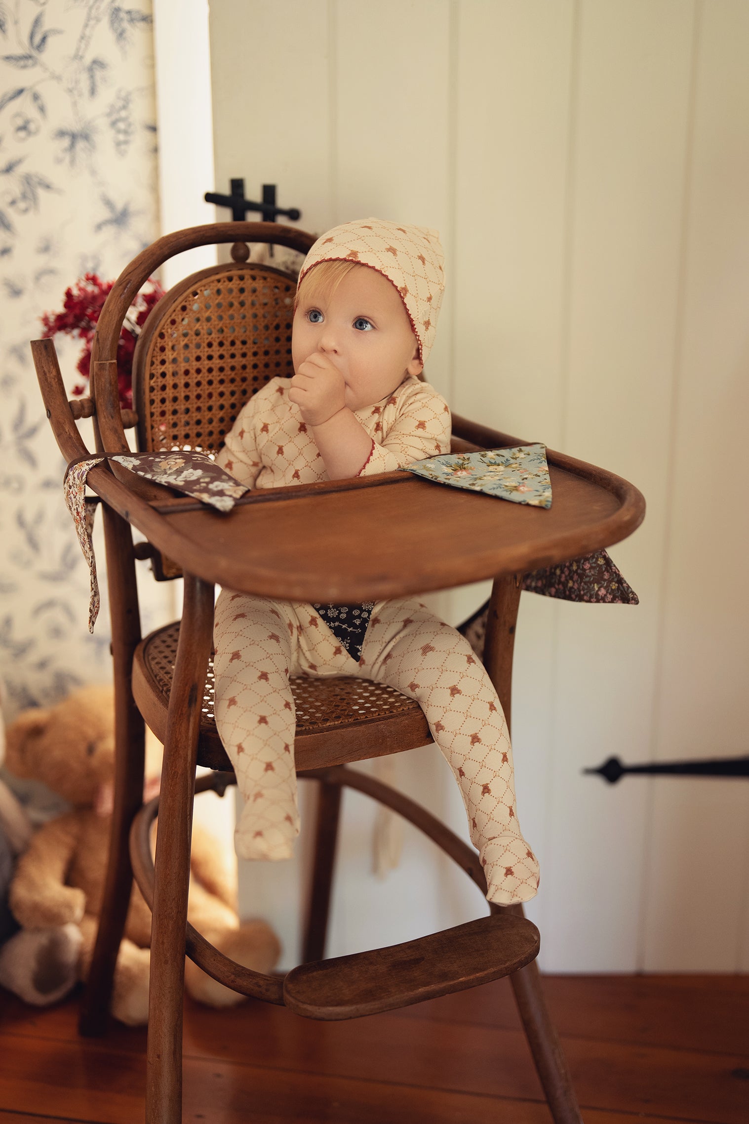 Taupe Girls Red Bow Bear Grid Footie