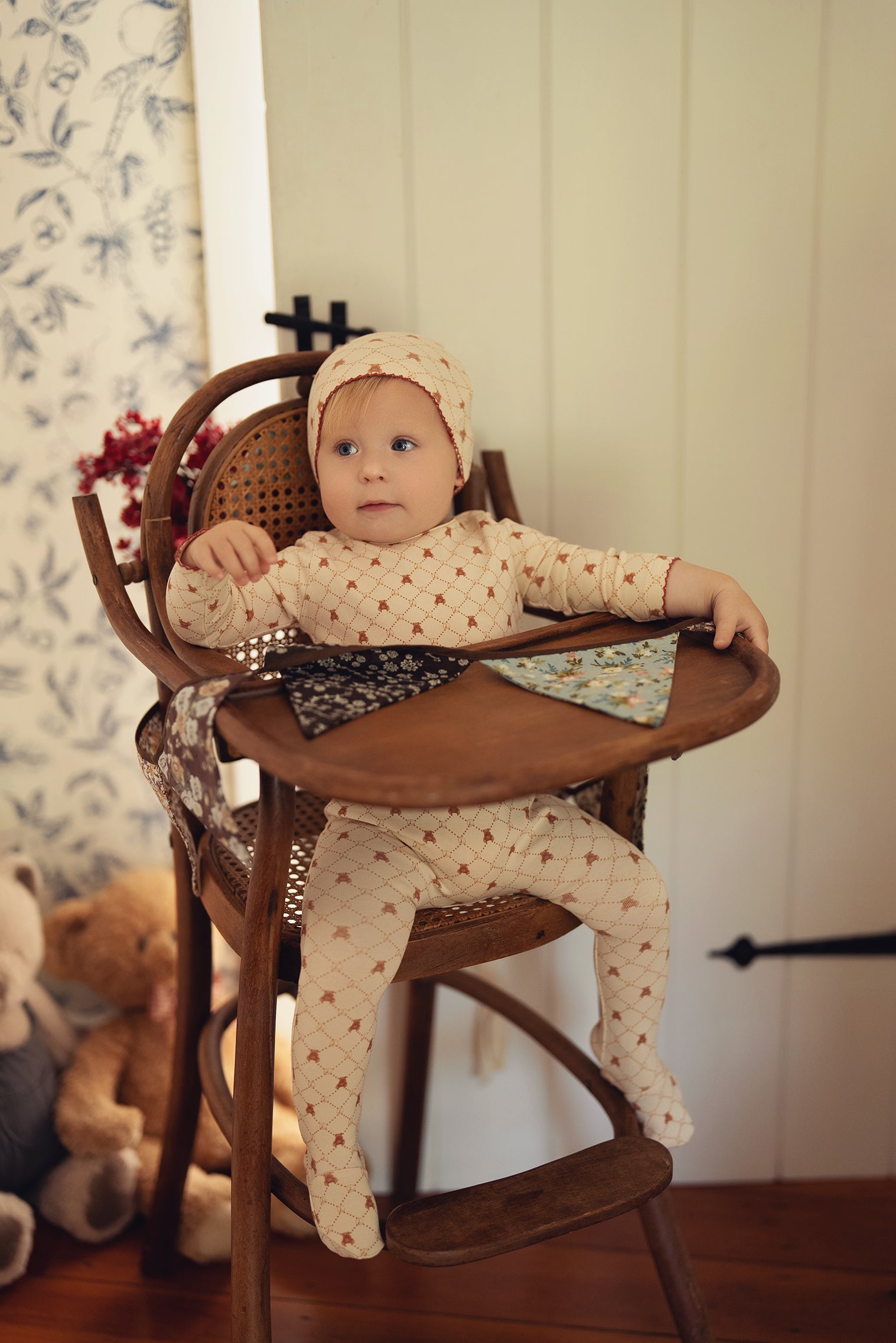 Taupe Girls Red Bow Bear Grid Footie