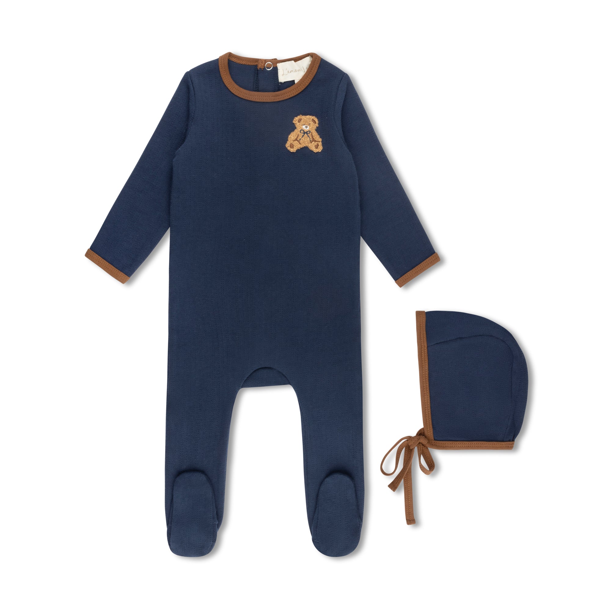 Navy Pointelle Bear Patch Footie
