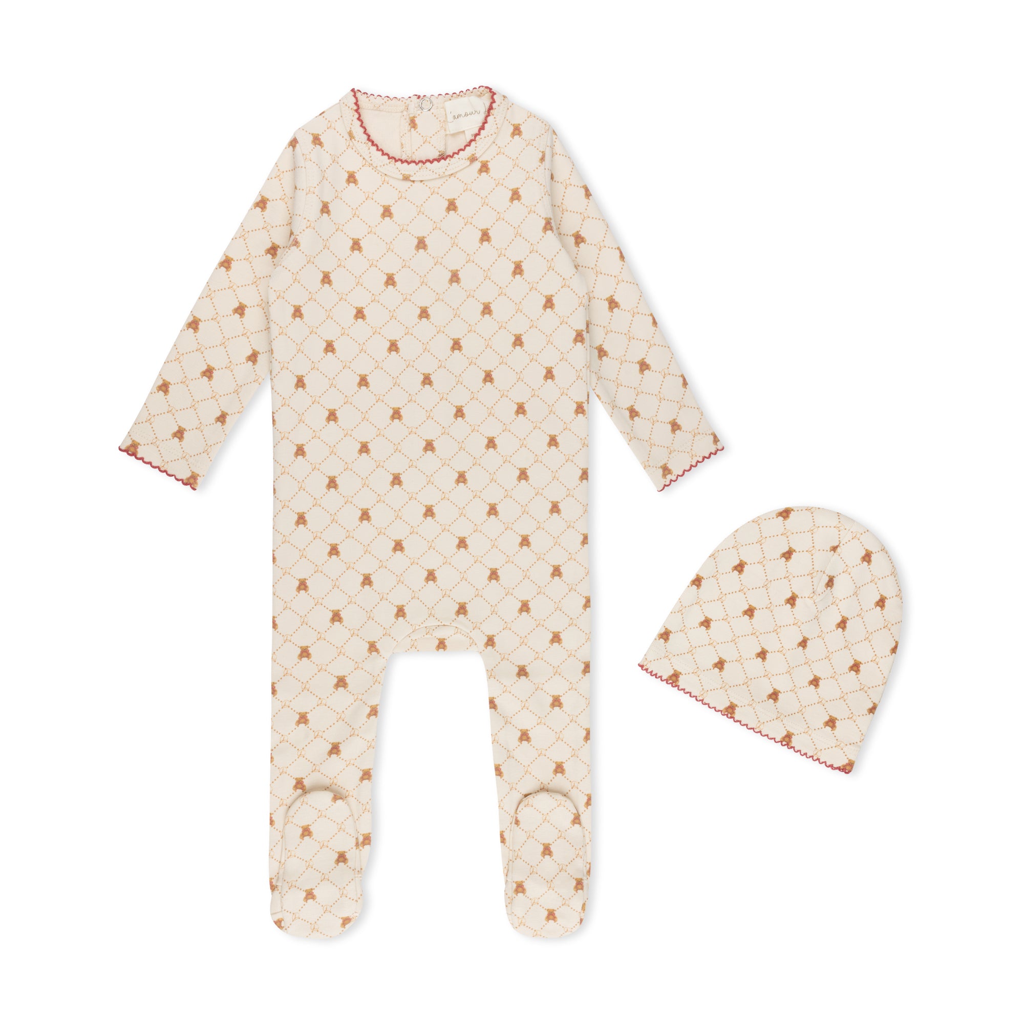 Taupe Girls Red Bow Bear Grid Footie