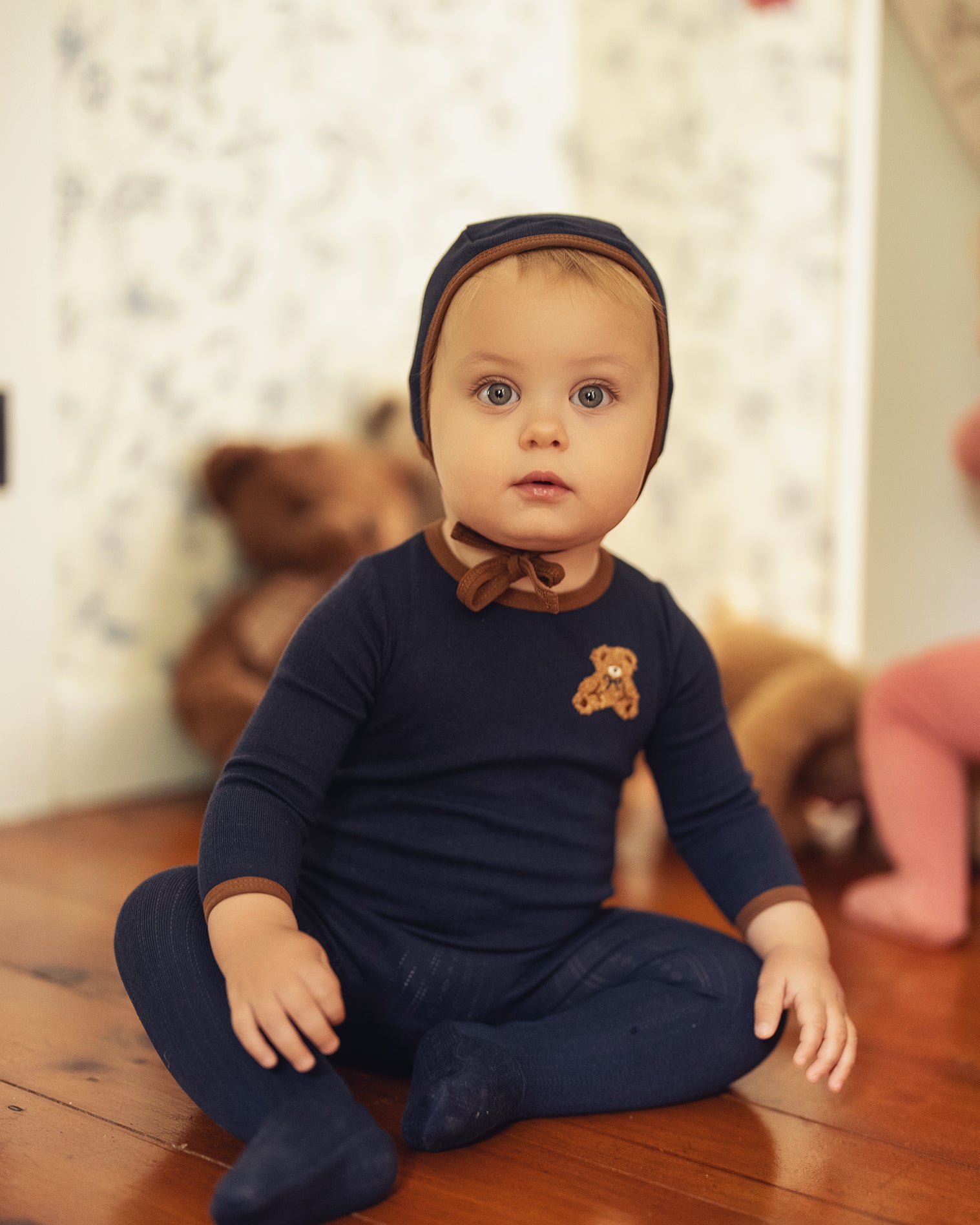 Navy Pointelle Bear Patch Footie