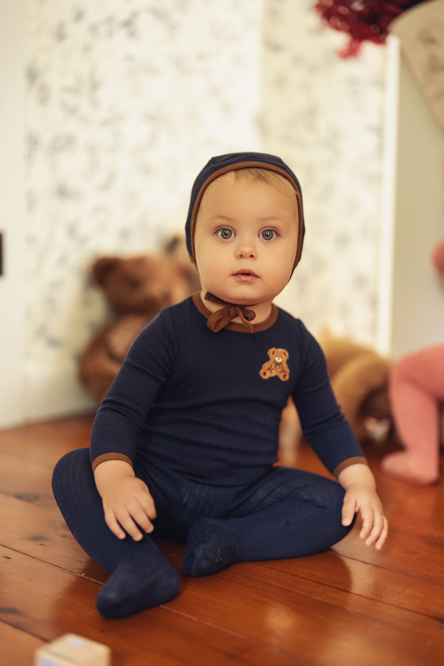 Navy Pointelle Bear Patch Footie