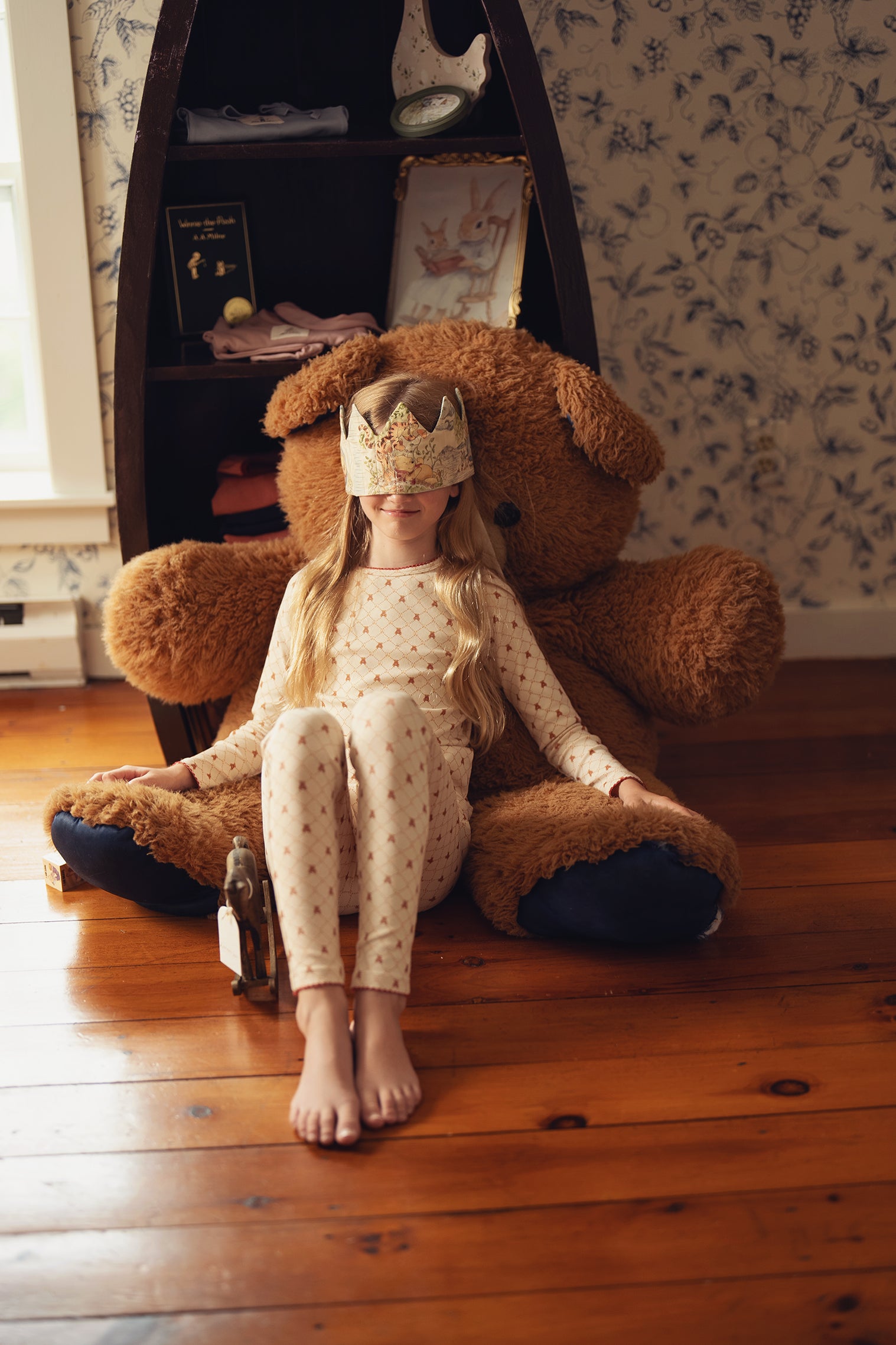 Taupe Girls Red Bow Bear Grid Pajama