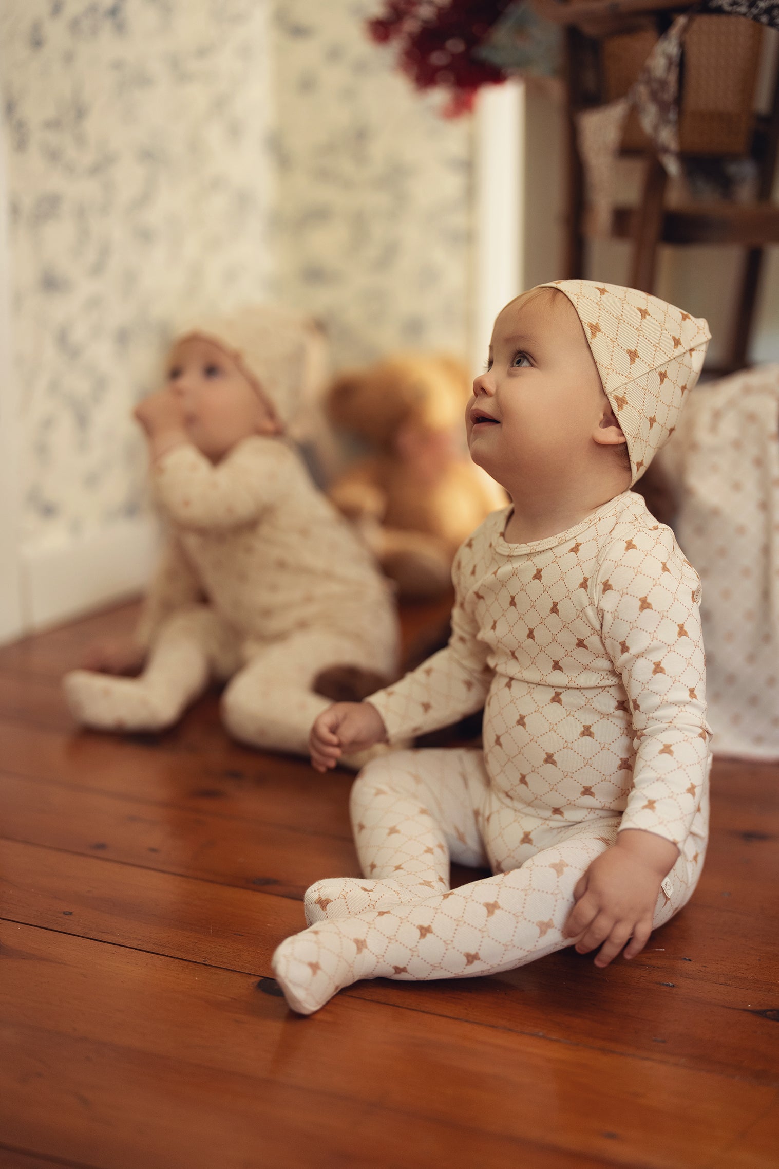 Taupe Boys Bear Grid Footie