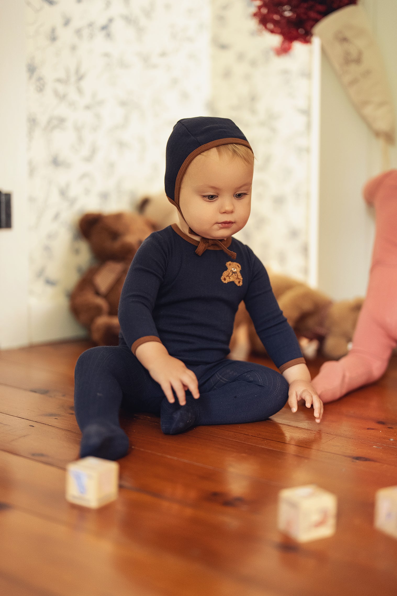 Navy Pointelle Bear Patch Footie