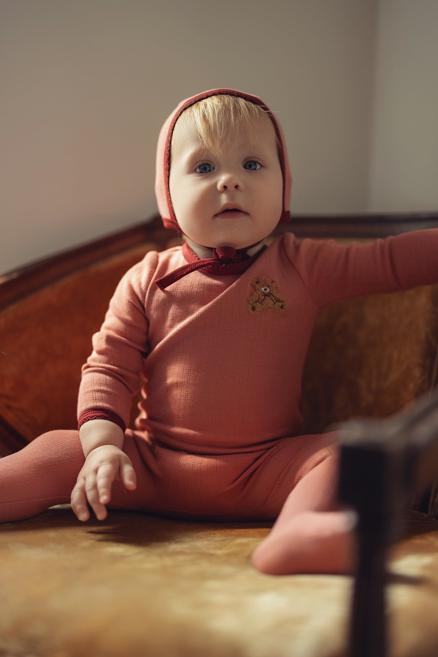 Dusty Pink Pointelle Bear Patch Footie
