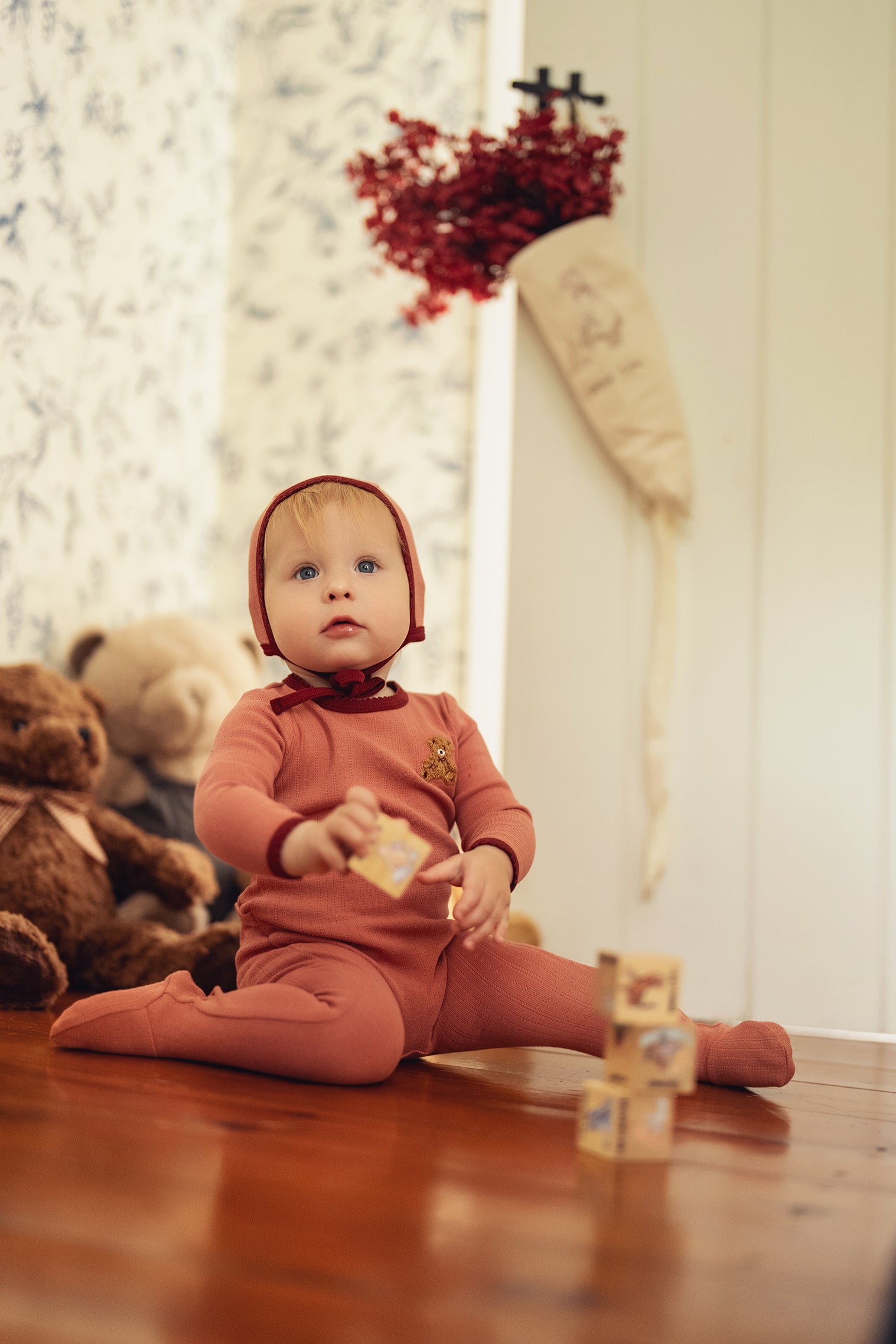 Dusty Pink Pointelle Bear Patch Footie