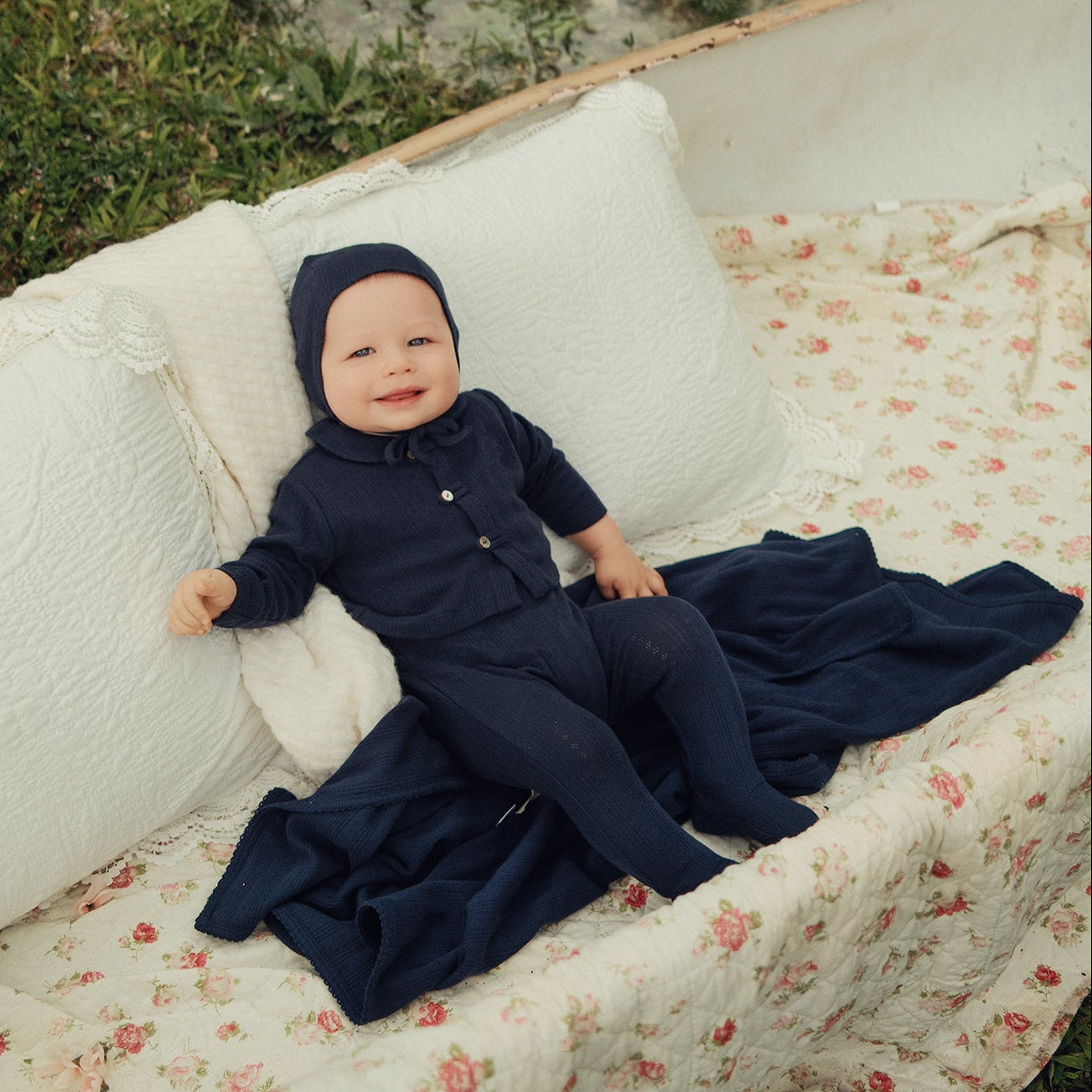 Navy Variegated Ribbed Romper + Cardigan Set