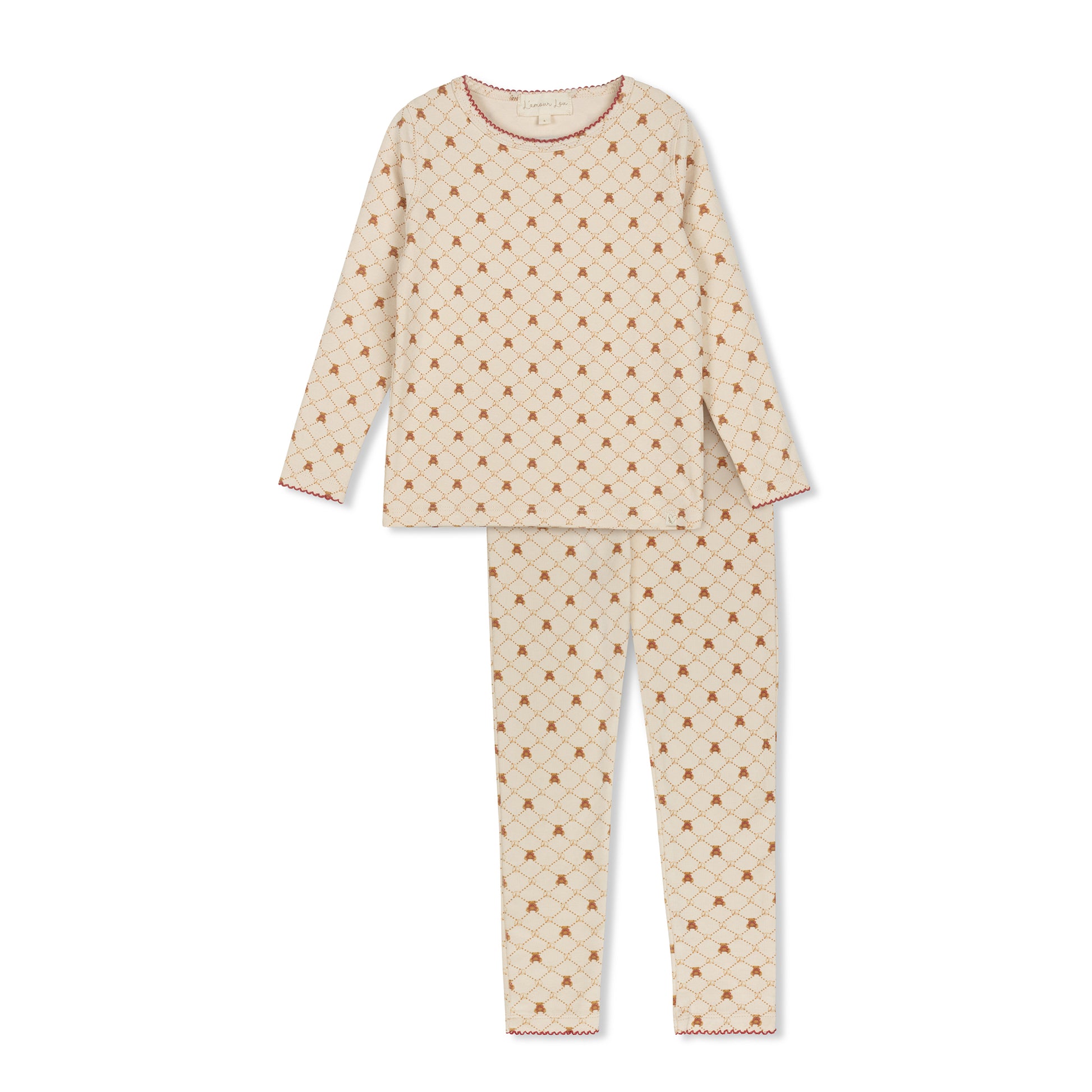 Taupe Girls Red Bow Bear Grid Pajama